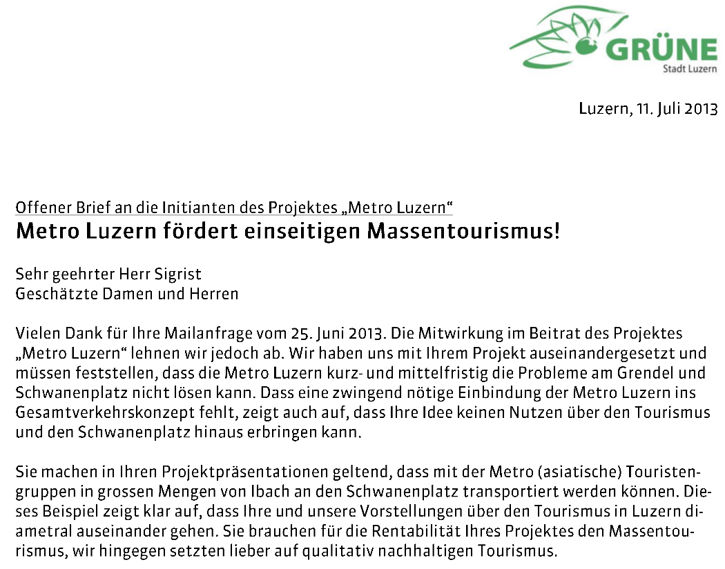 Offener Brief zum Metro-Projekt
